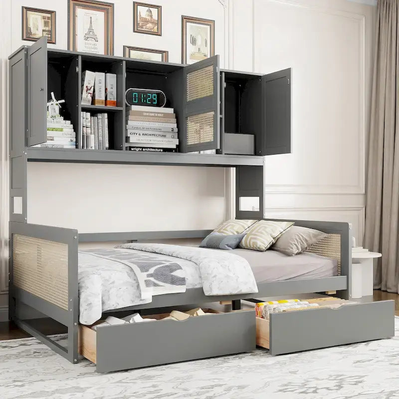 Lit de repos double en bois avec tiroirs de rangement, étagère et placard