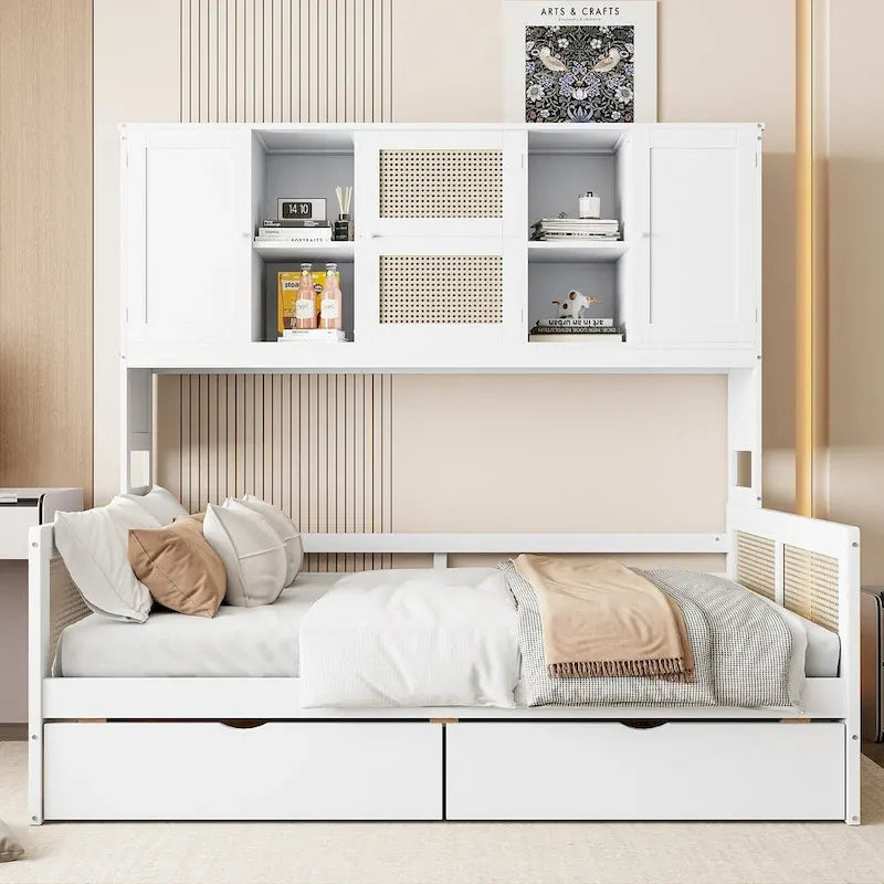 Lit de repos double en bois avec tiroirs de rangement, étagère et placard