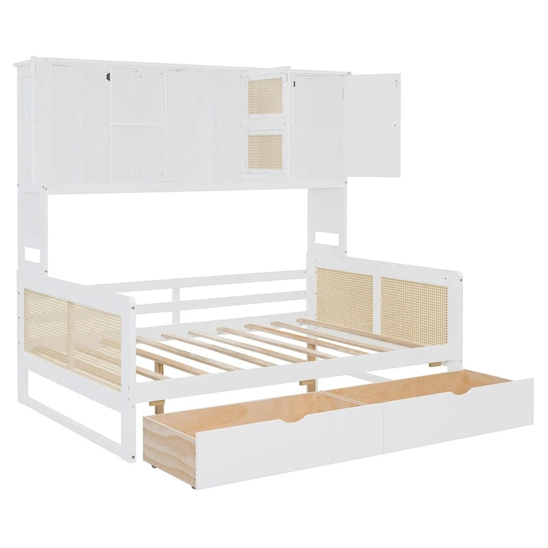 Lit de repos double en bois avec tiroirs de rangement, étagère et placard