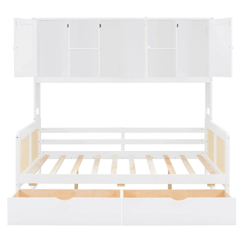 Lit de repos double en bois avec tiroirs de rangement, étagère et placard