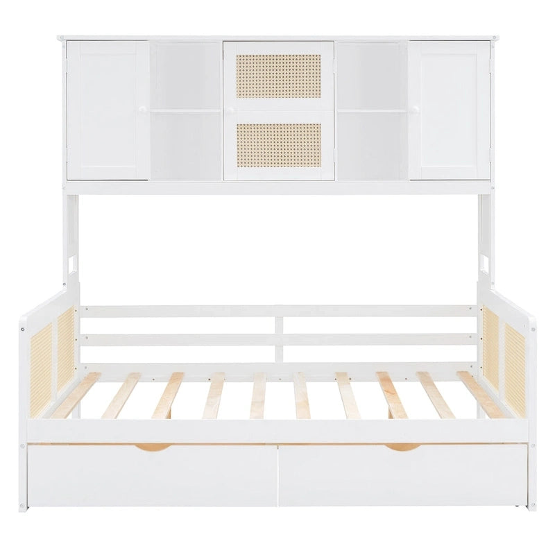 Lit de repos double en bois avec tiroirs de rangement, étagère et placard