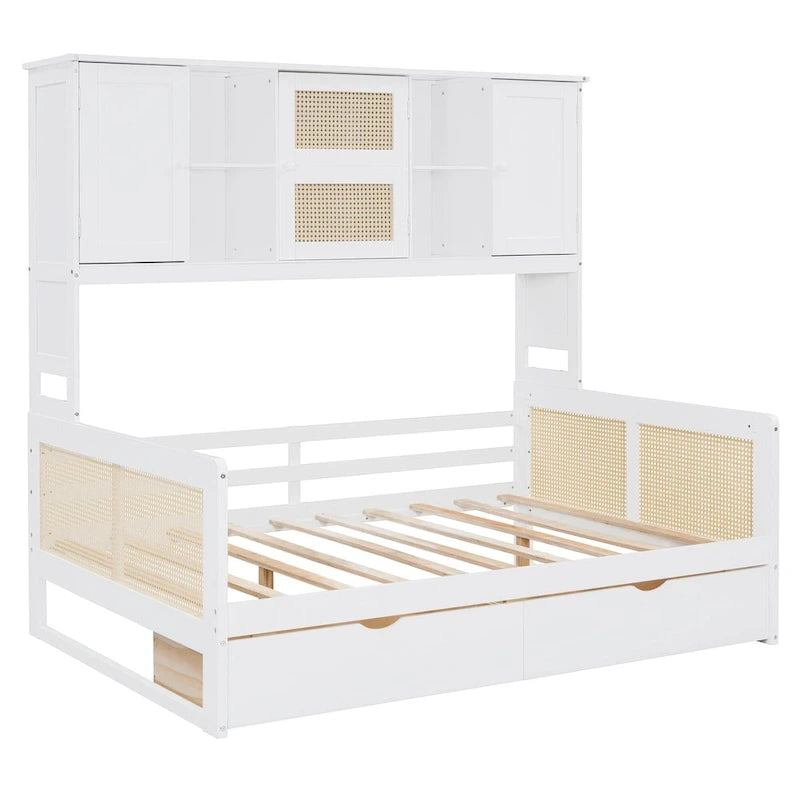 Lit de repos double en bois avec tiroirs de rangement, étagère et placard