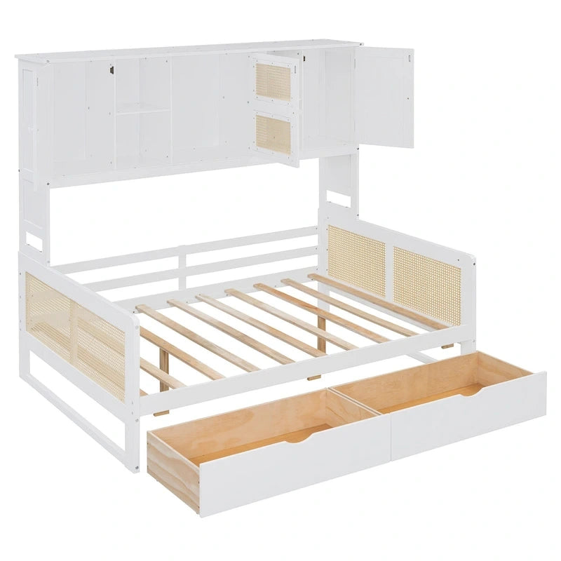 Lit de repos double en bois avec tiroirs de rangement, étagère et placard