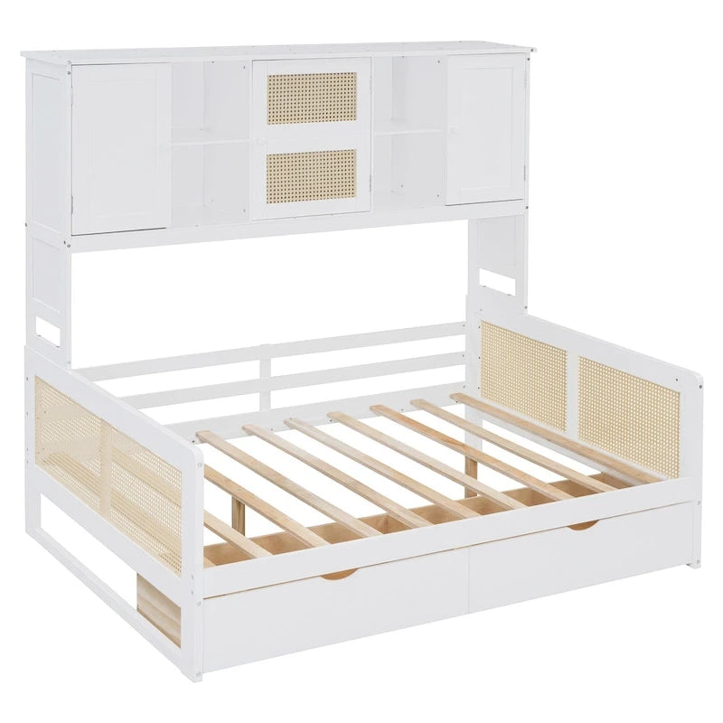 Lit de repos double en bois avec tiroirs de rangement, étagère et placard