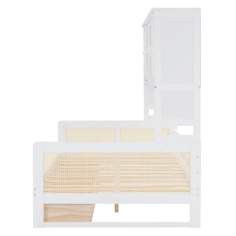 Lit de repos double en bois avec tiroirs de rangement, étagère et placard