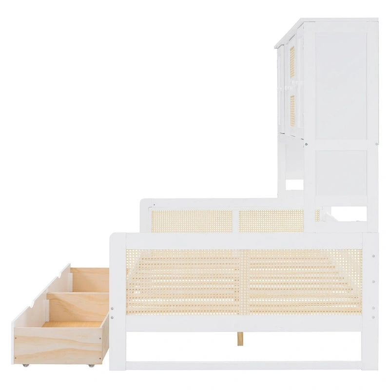 Lit de repos double en bois avec tiroirs de rangement, étagère et placard