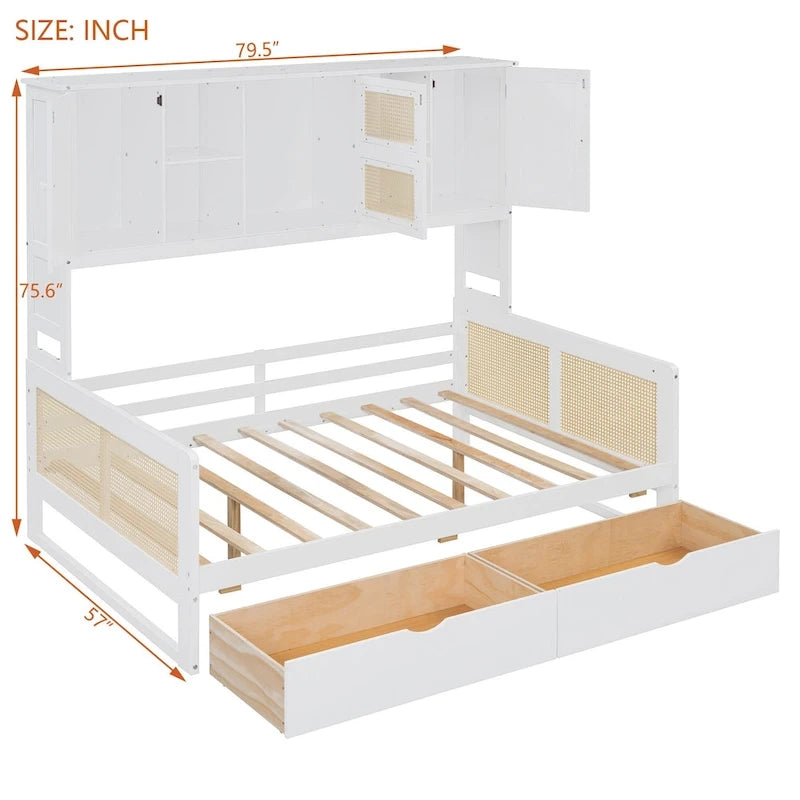 Lit de repos double en bois avec tiroirs de rangement, étagère et placard