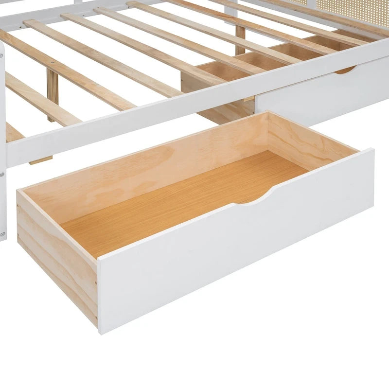 Lit de repos double en bois avec tiroirs de rangement, étagère et placard