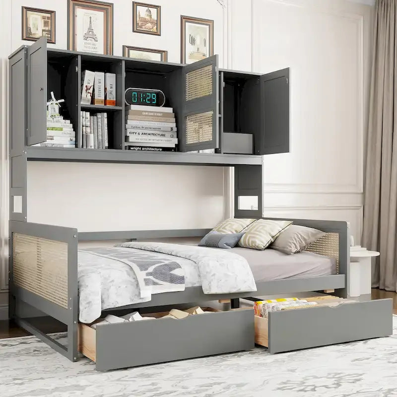 Lit de repos double en bois avec tiroirs de rangement, étagère et placard