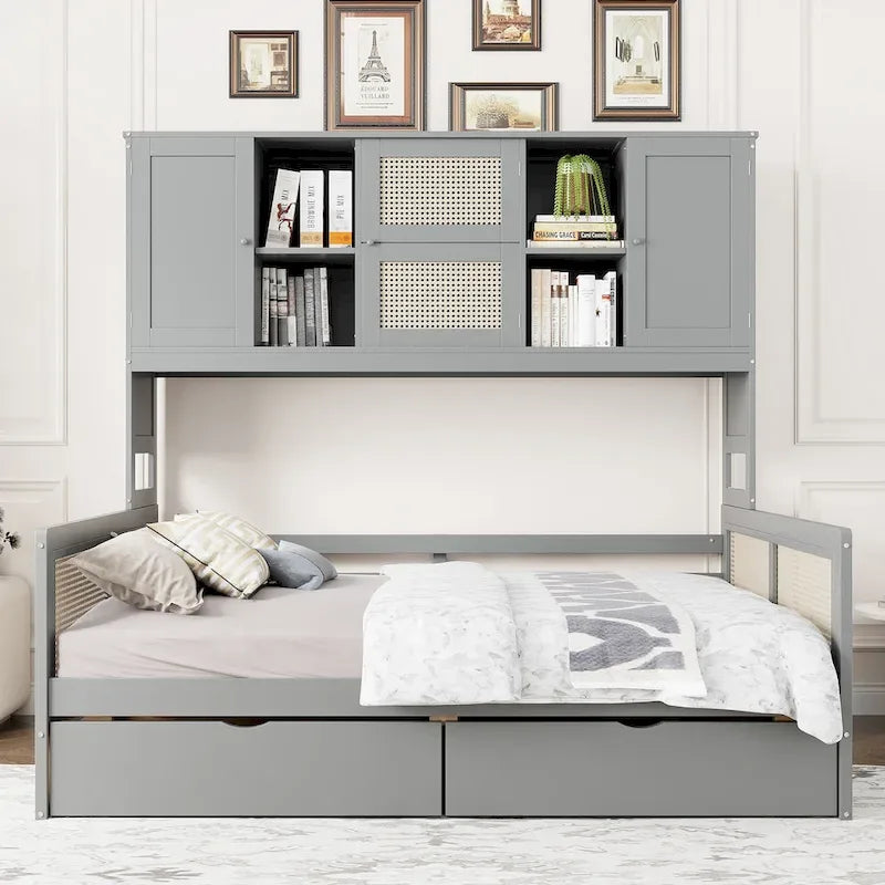 Lit de repos double en bois avec tiroirs de rangement, étagère et placard