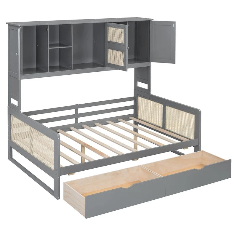 Lit de repos double en bois avec tiroirs de rangement, étagère et placard