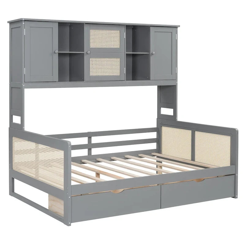 Lit de repos double en bois avec tiroirs de rangement, étagère et placard