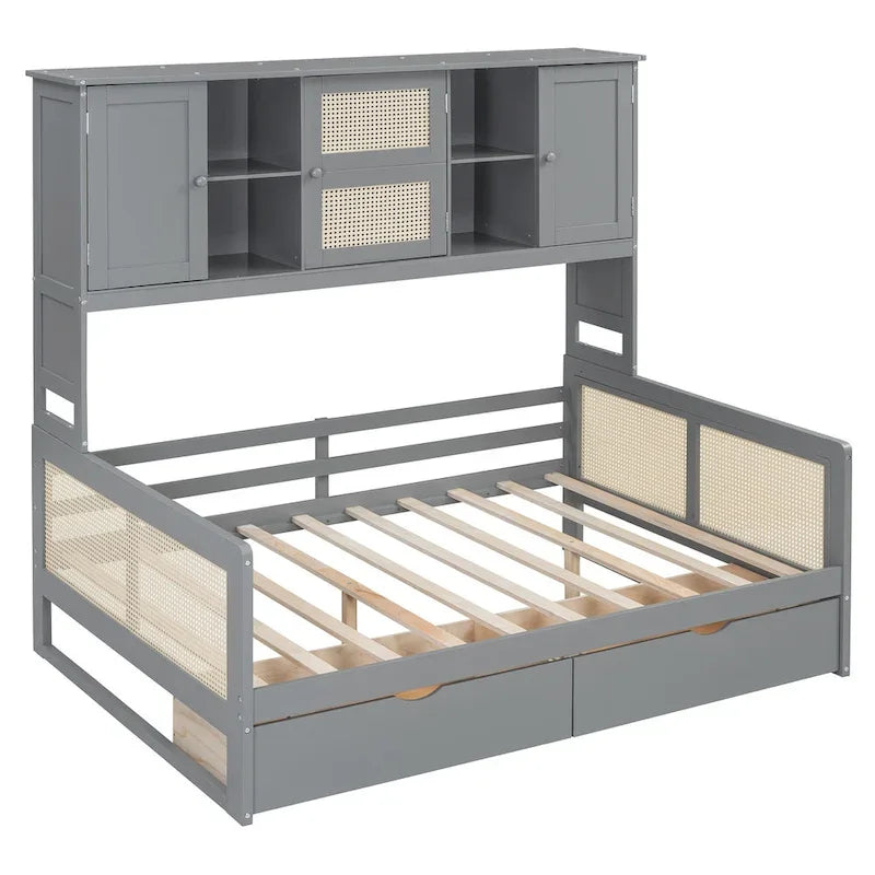 Lit de repos double en bois avec tiroirs de rangement, étagère et placard
