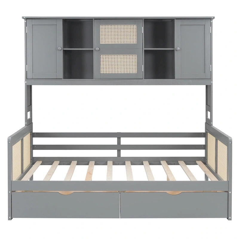 Lit de repos double en bois avec tiroirs de rangement, étagère et placard