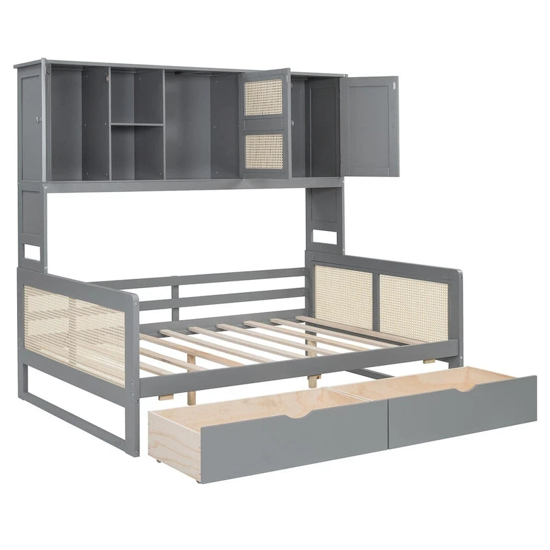 Lit de repos double en bois avec tiroirs de rangement, étagère et placard