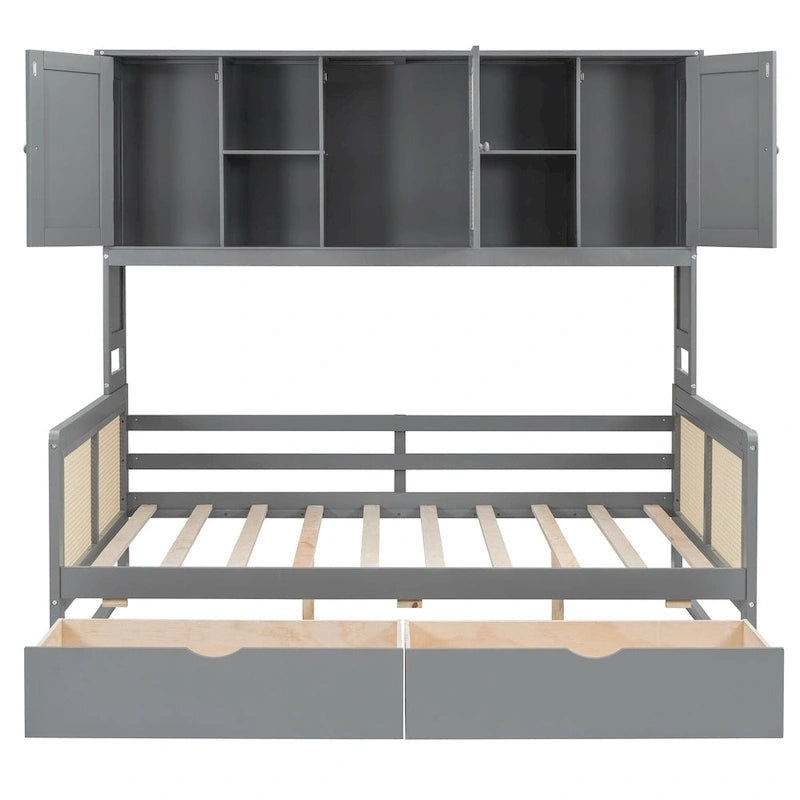 Lit de repos double en bois avec tiroirs de rangement, étagère et placard