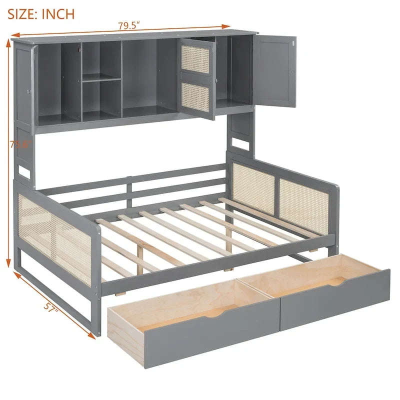 Lit de repos double en bois avec tiroirs de rangement, étagère et placard