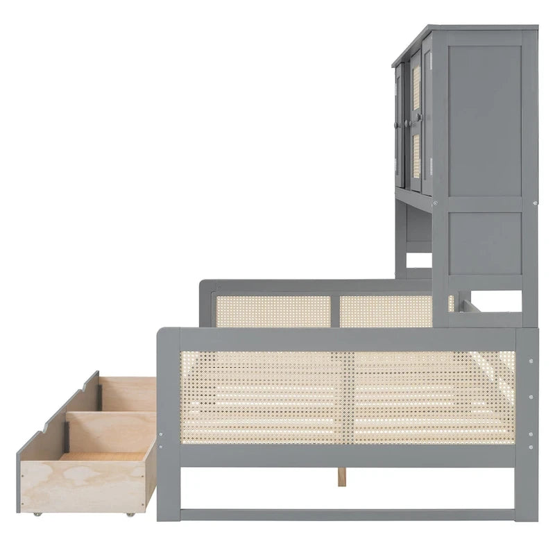 Lit de repos double en bois avec tiroirs de rangement, étagère et placard