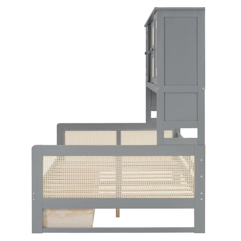 Lit de repos double en bois avec tiroirs de rangement, étagère et placard
