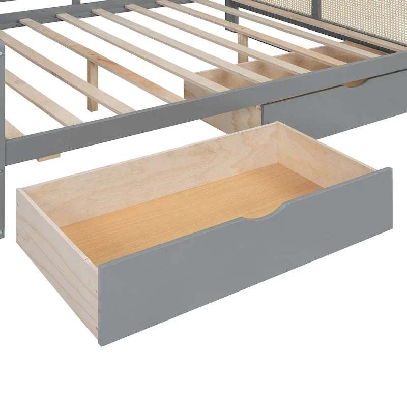 Lit de repos double en bois avec tiroirs de rangement, étagère et placard