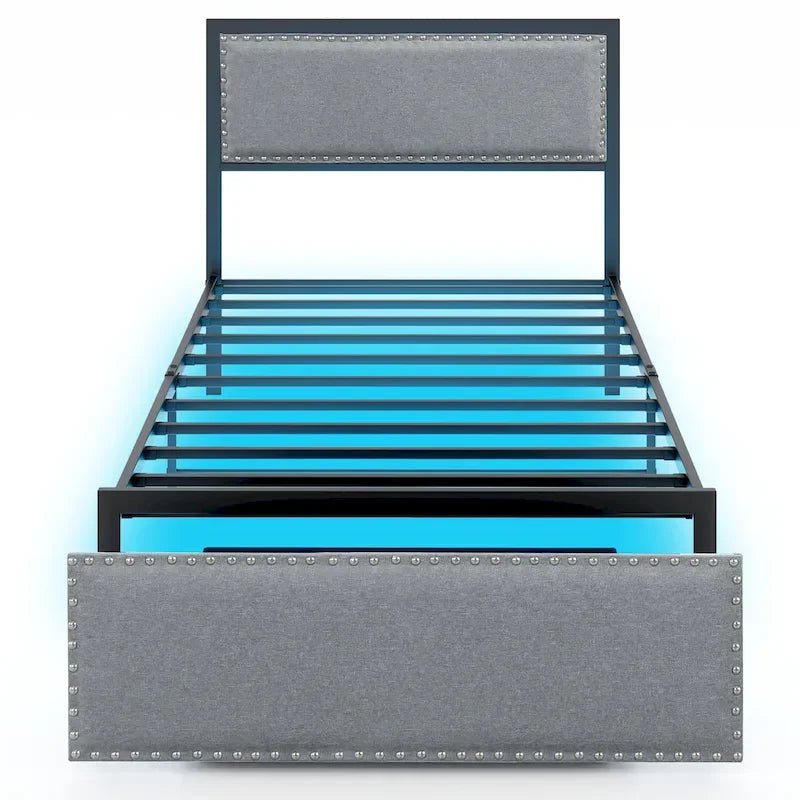 Cadre de lit double avec tiroir de rangement, plateforme de lit en métal avec éclairage LED