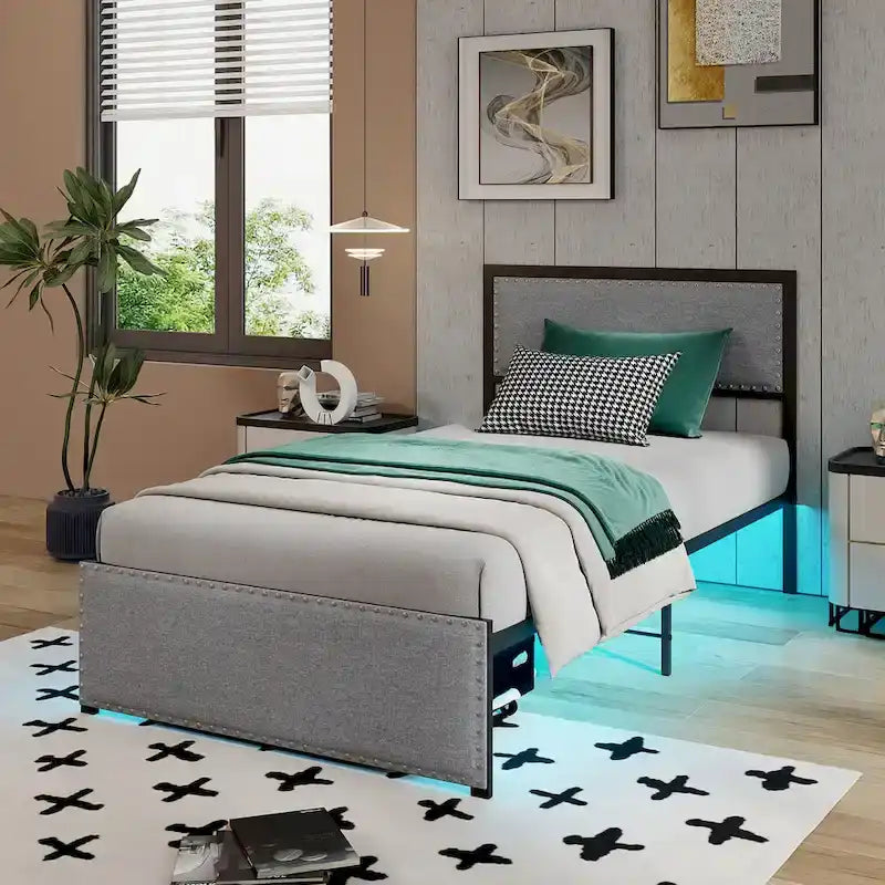 Cadre de lit double avec tiroir de rangement, plateforme de lit en métal avec éclairage LED