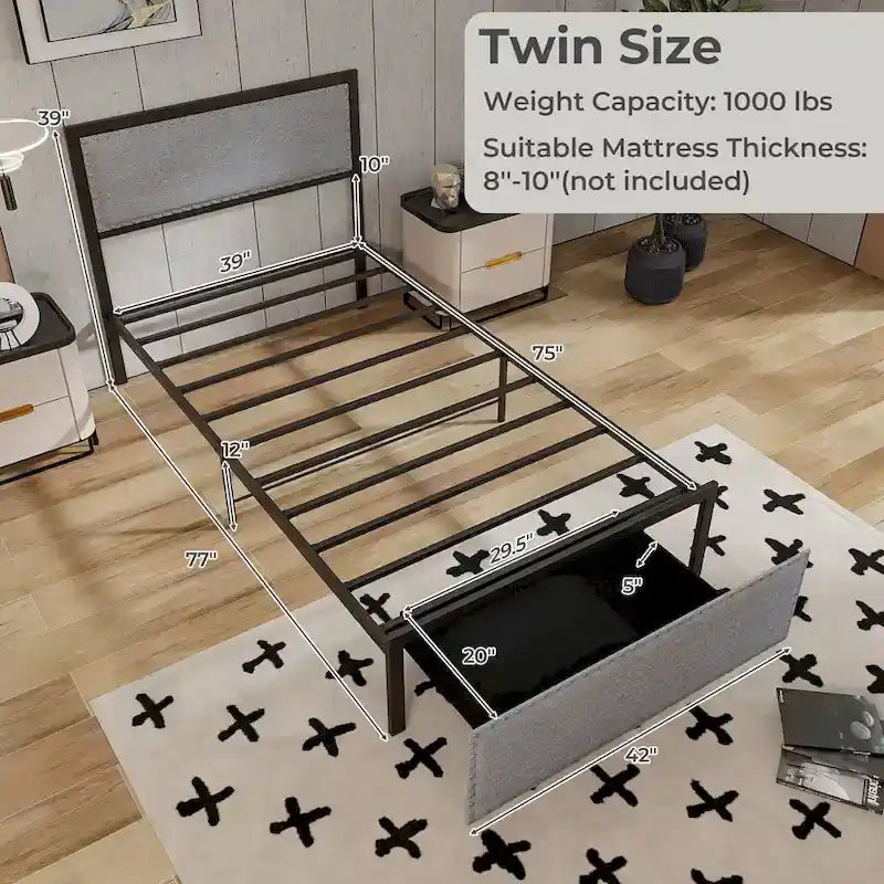 Cadre de lit double avec tiroir de rangement, plateforme de lit en métal avec éclairage LED