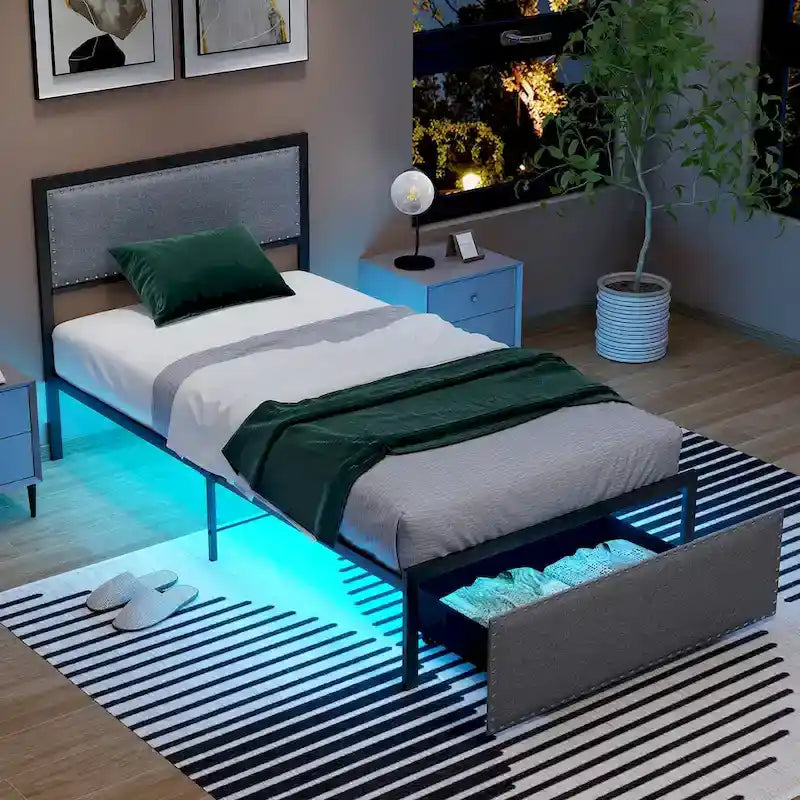 Cadre de lit double avec tiroir de rangement, plateforme de lit en métal avec éclairage LED
