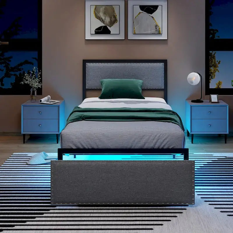 Cadre de lit double avec tiroir de rangement, plateforme de lit en métal avec éclairage LED