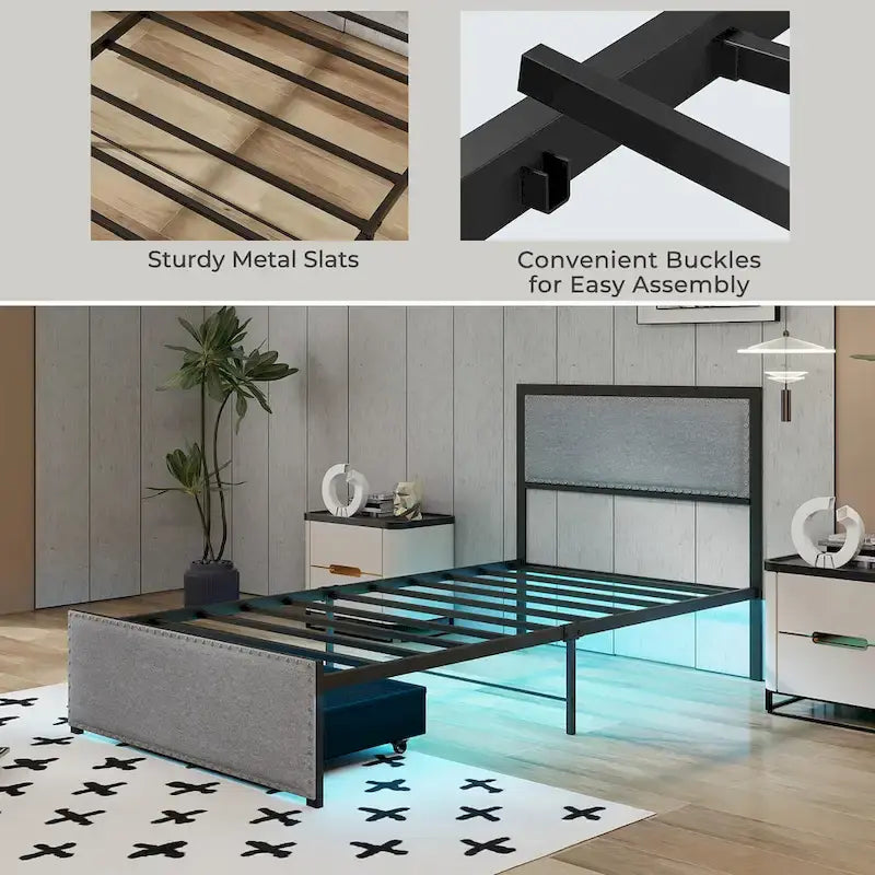 Cadre de lit double avec tiroir de rangement, plateforme de lit en métal avec éclairage LED