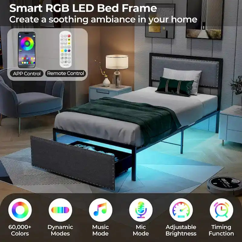 Cadre de lit double avec tiroir de rangement, plateforme de lit en métal avec éclairage LED