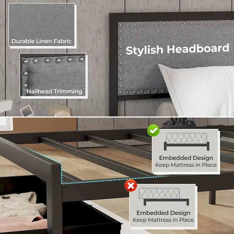 Cadre de lit double avec tiroir de rangement, plateforme de lit en métal avec éclairage LED