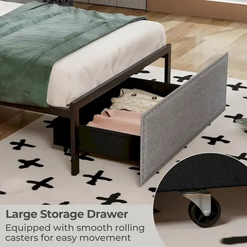Cadre de lit double avec tiroir de rangement, plateforme de lit en métal avec éclairage LED