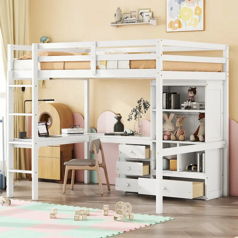 Lit mezzanine pleine grandeur en bois avec bureau en L, étagères de rangement et tiroirs