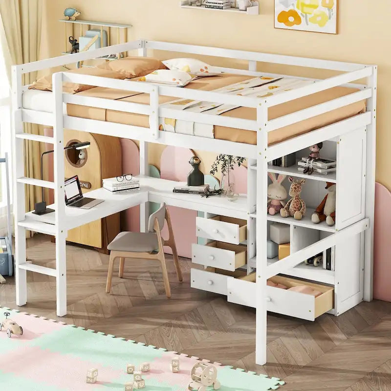 Lit mezzanine pleine grandeur en bois avec bureau en L, étagères de rangement et tiroirs
