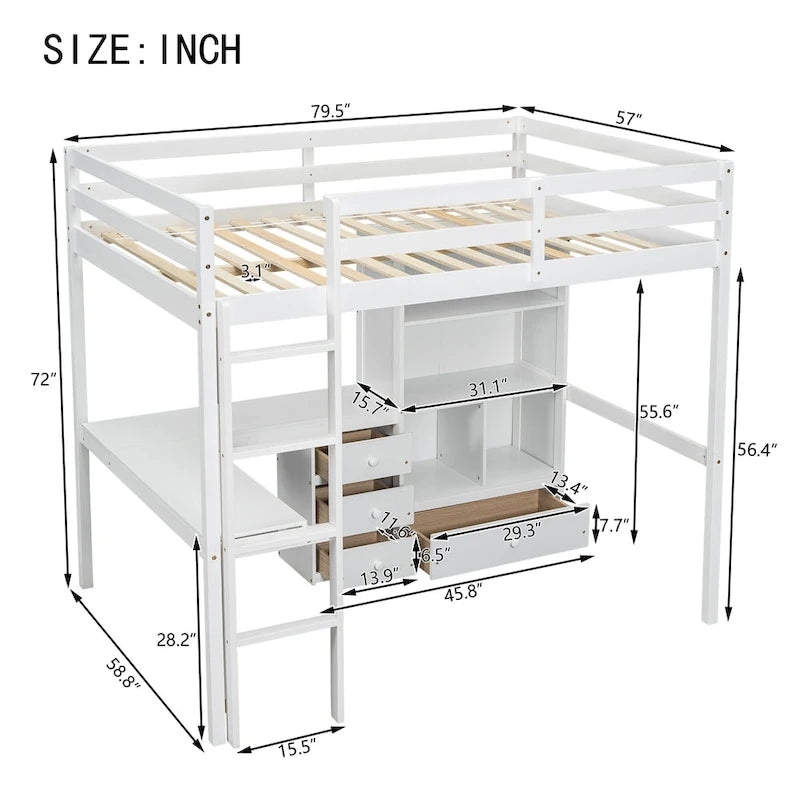 Lit mezzanine pleine grandeur en bois avec bureau en L, étagères de rangement et tiroirs