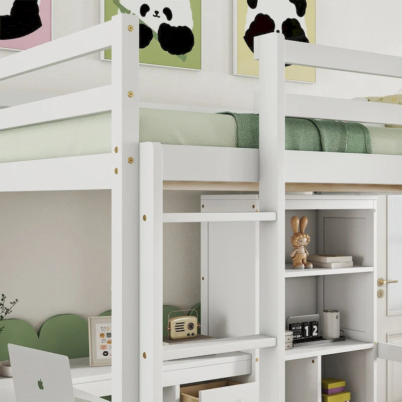 Lit mezzanine pleine grandeur en bois avec bureau en L, étagères de rangement et tiroirs