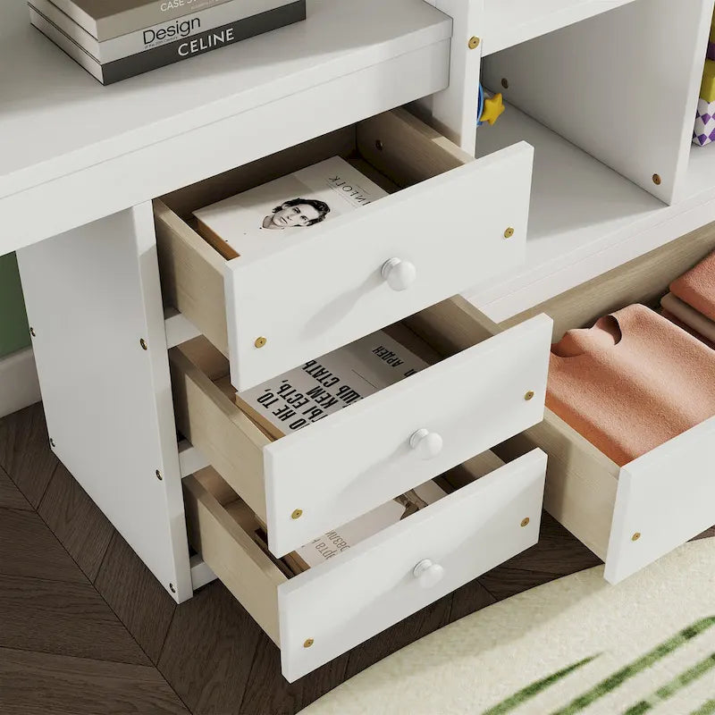 Lit mezzanine pleine grandeur en bois avec bureau en L, étagères de rangement et tiroirs