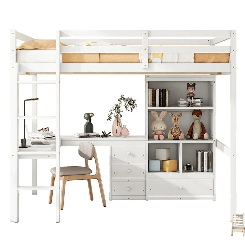 Lit mezzanine pleine grandeur en bois avec bureau en L, étagères de rangement et tiroirs