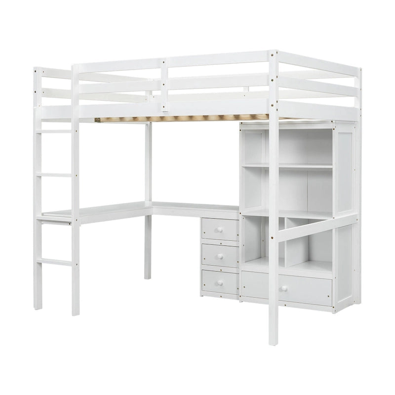 Lit mezzanine pleine grandeur en bois avec bureau en L, étagères de rangement et tiroirs
