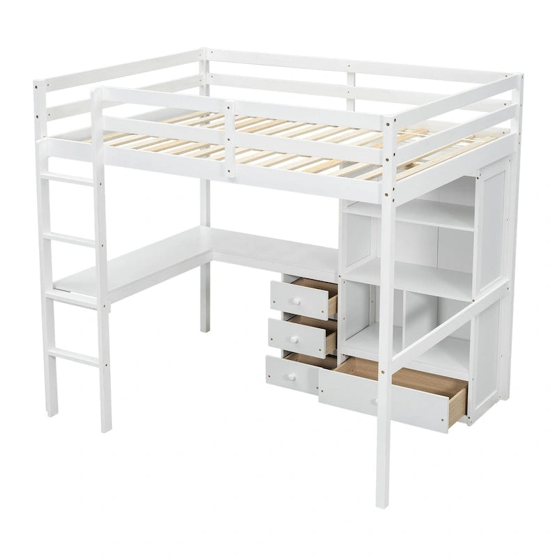 Lit mezzanine pleine grandeur en bois avec bureau en L, étagères de rangement et tiroirs