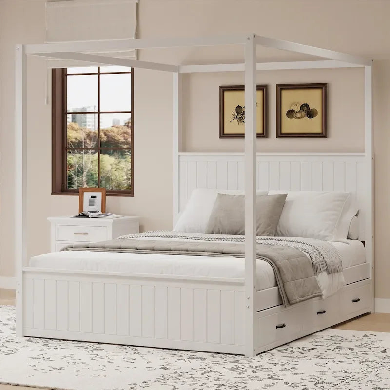 Lit baldaquin Queen Size avec lit gigogne et 3 tiroirs de rangement
