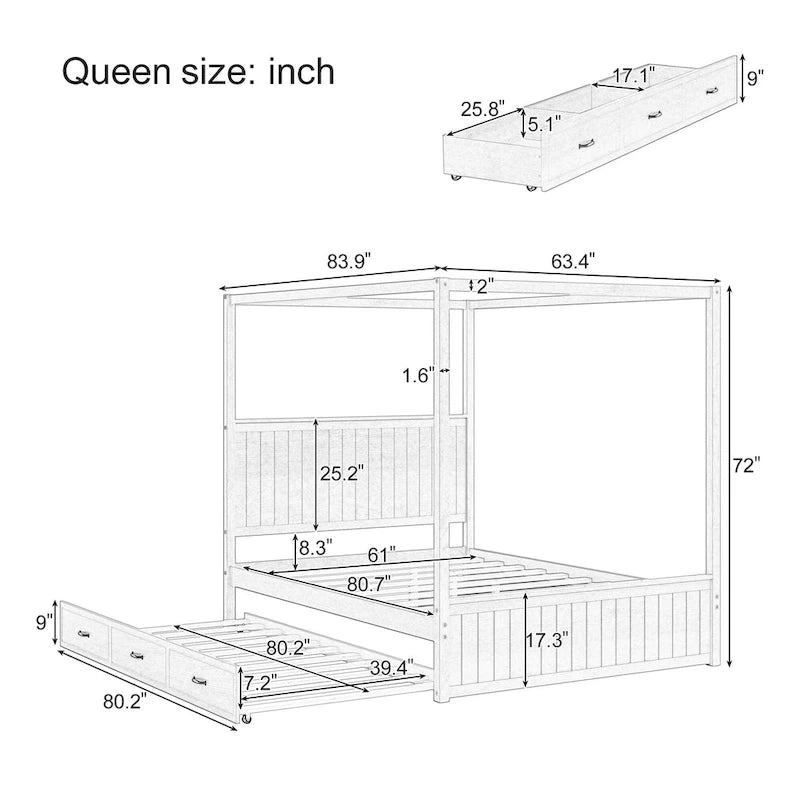 Lit baldaquin Queen Size avec lit gigogne et 3 tiroirs de rangement