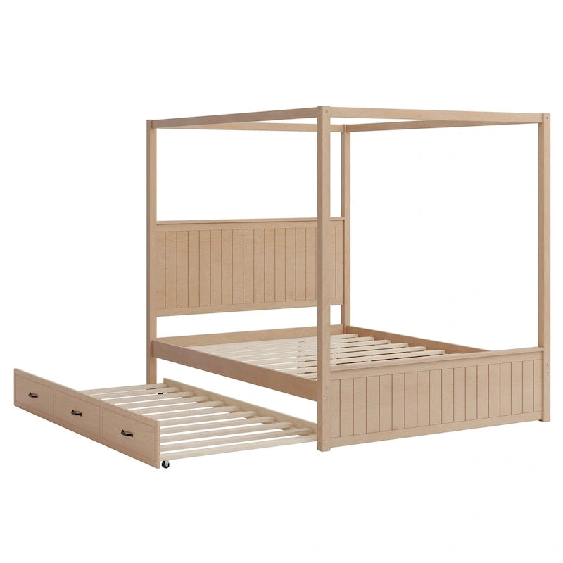 Lit baldaquin Queen Size avec lit gigogne et 3 tiroirs de rangement
