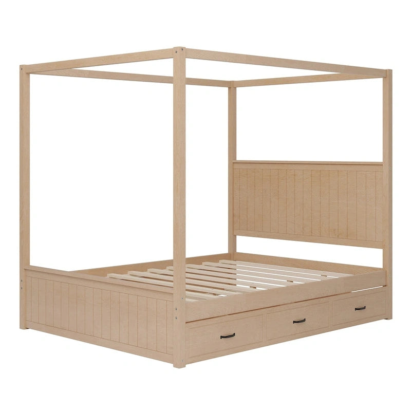 Lit baldaquin Queen Size avec lit gigogne et 3 tiroirs de rangement