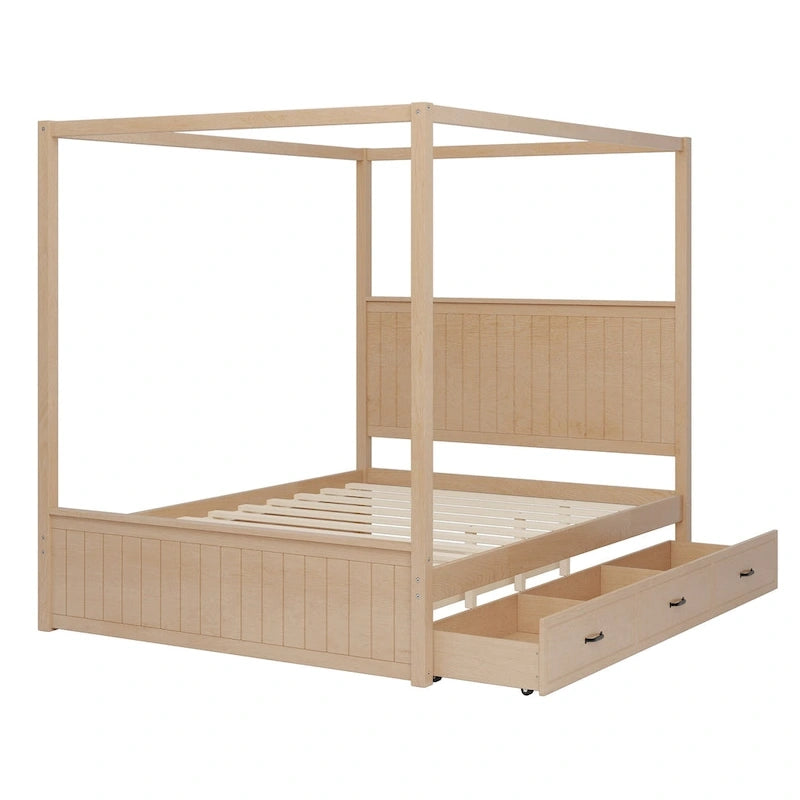 Lit baldaquin Queen Size avec lit gigogne et 3 tiroirs de rangement