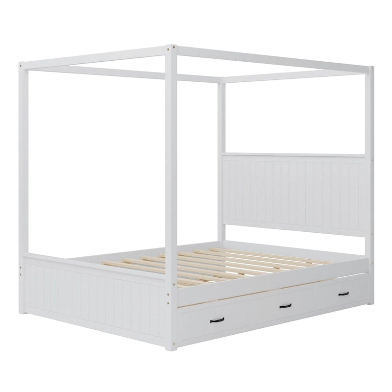 Lit baldaquin Queen Size avec lit gigogne et 3 tiroirs de rangement