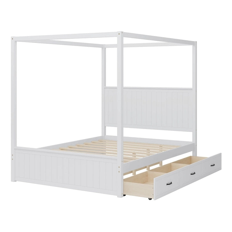 Lit baldaquin Queen Size avec lit gigogne et 3 tiroirs de rangement