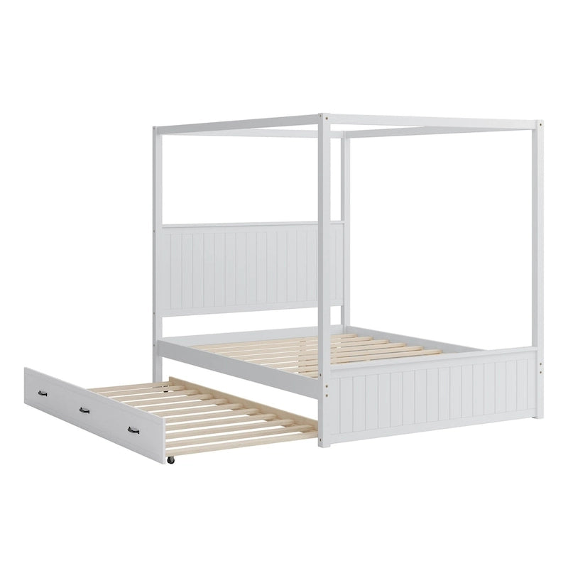 Lit baldaquin Queen Size avec lit gigogne et 3 tiroirs de rangement
