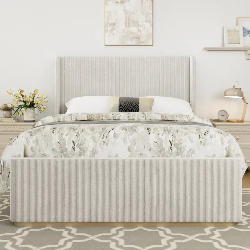 Lit King Size Rembourré en Velours Côtelé avec Tête de Lit à Oreilles de 119 cm